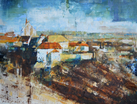 Hrad ve stráni / olej na desce / 2025